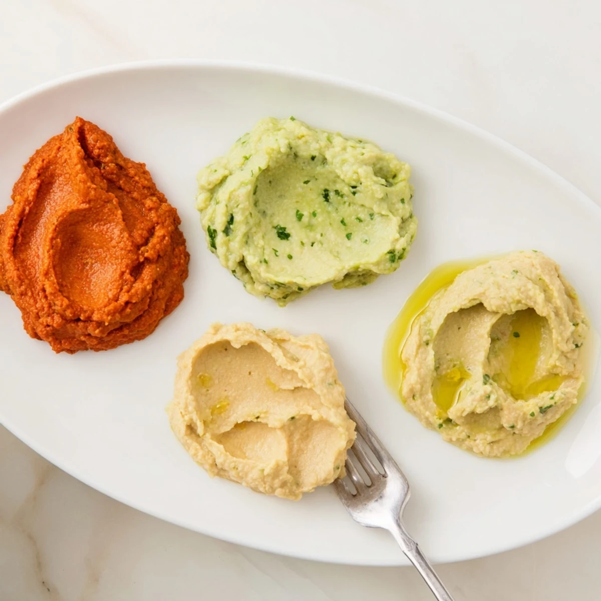 A creamy dip trio in a line includes avocado, red pepper, and turmeric hummus with vibrant colors.