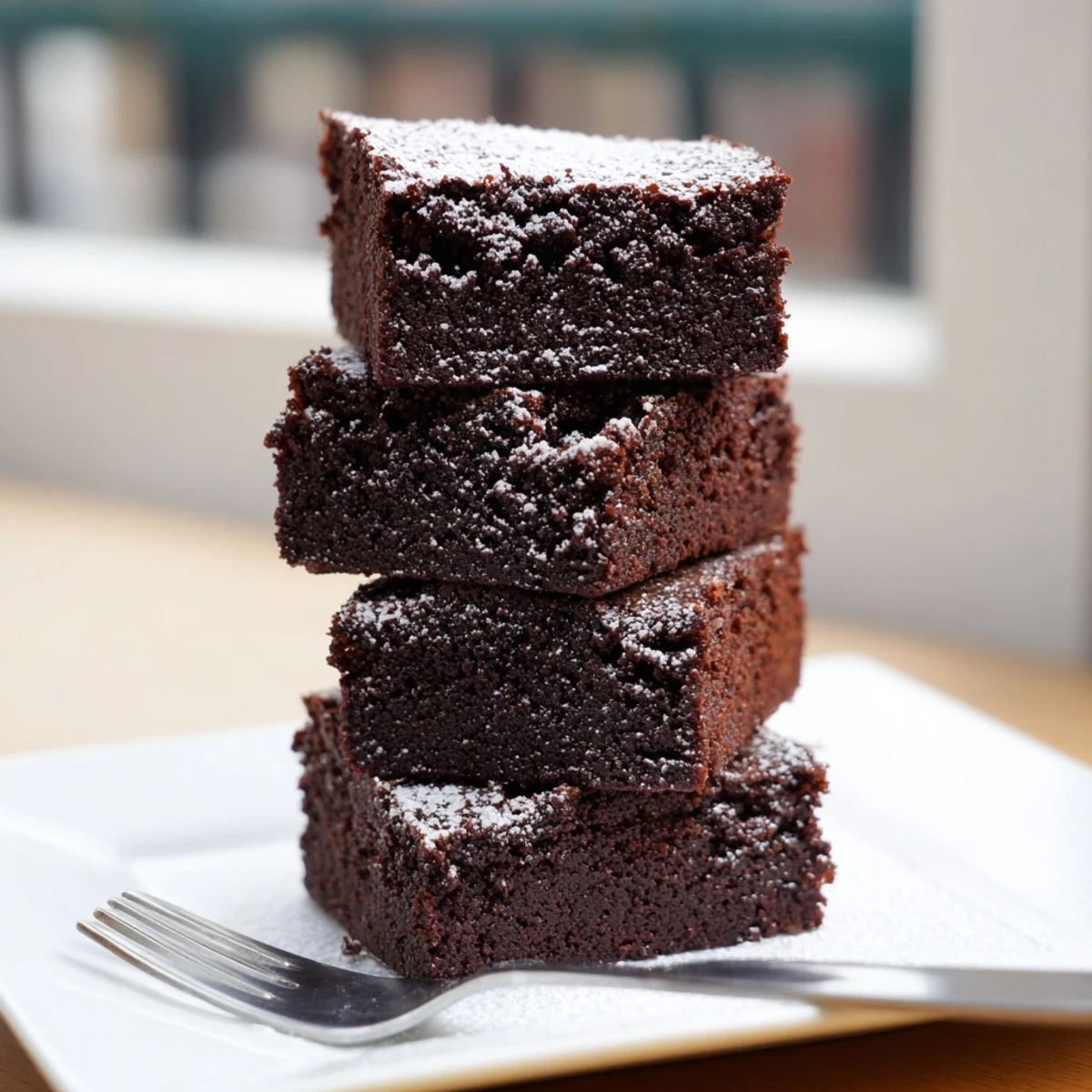 Warm, fudgy brownie squares, dusted with powdered sugar, ready for a delicious dessert.