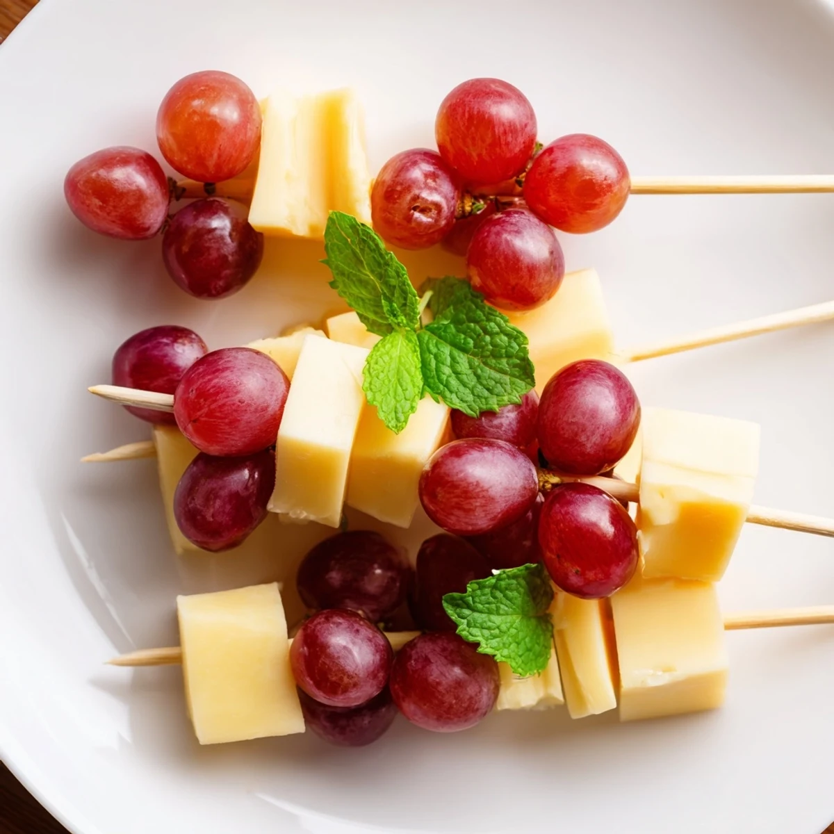 Cheese and Grape Skewers ready to eat, with colorful cheese cubes and fresh, juicy grapes for a refreshing snack.