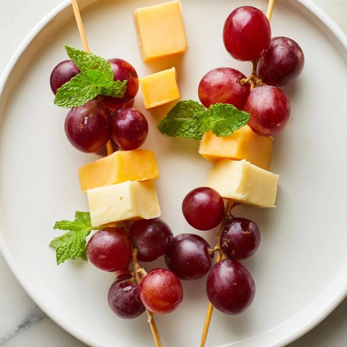 Delightful Cheese & Grape Skewers arranged on a platter, perfect for a party appetizer with various cheeses.