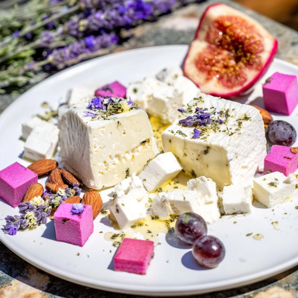 Visualize pastel-colored Lavender Haze Dreamscape cheese board boasting creamy cheeses, sweet fruits, and flowers.