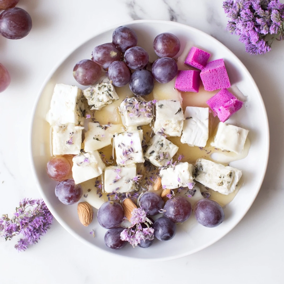 A beautiful Lavender Haze Dreamscape cheese board, perfect for a dreamy appetizer display.