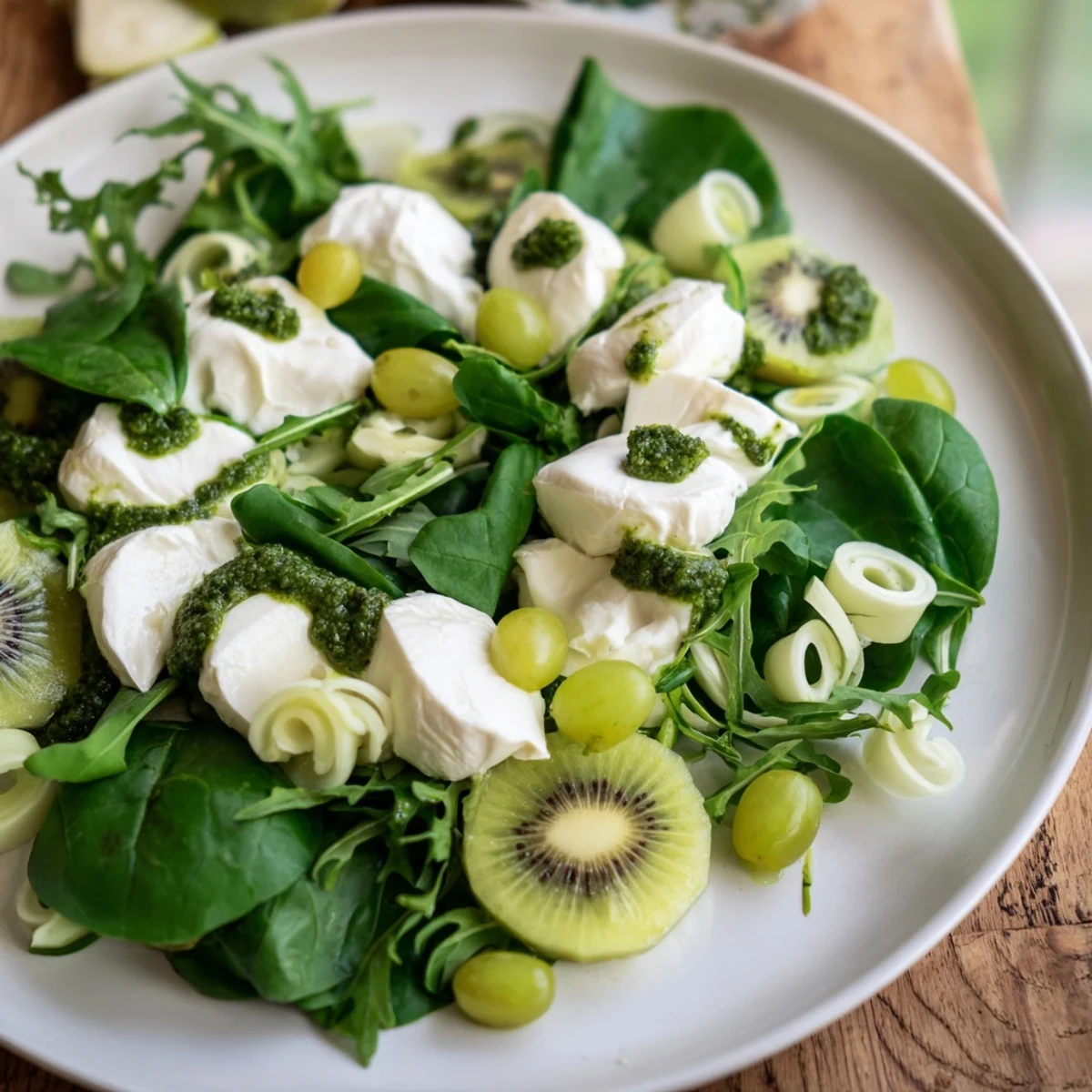 Imagine the Emerald Isle Greenscape salad: fresh greens, kiwi, and grapes, arranged on a platter.