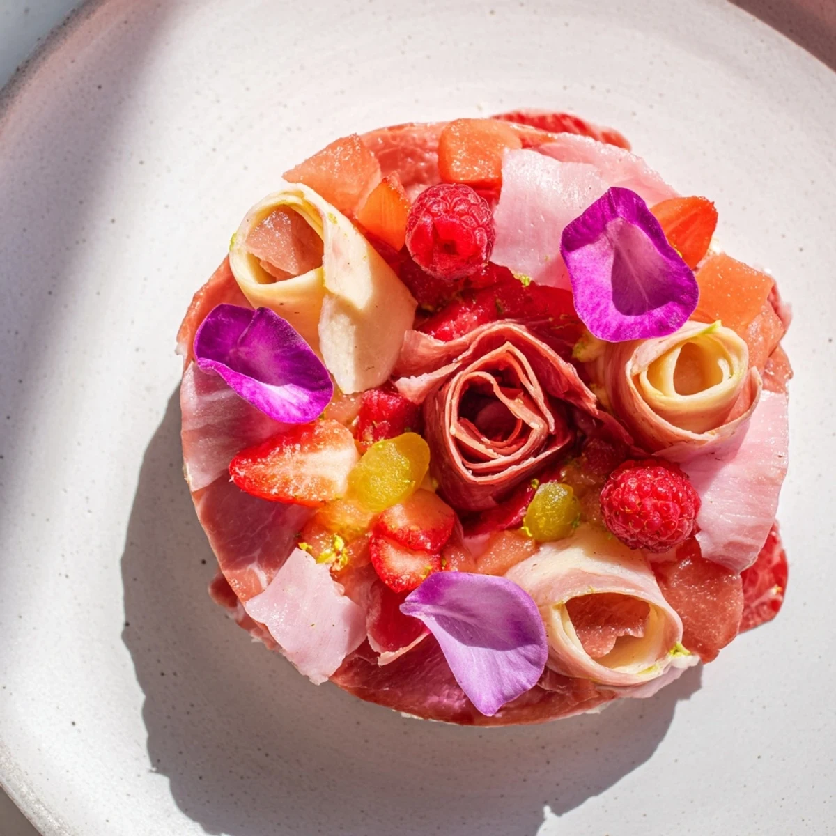 Pink Petal Watercolor Wash platter: A beautifully arranged appetizer with prosciutto roses, vibrant radishes, and creamy cheeses.