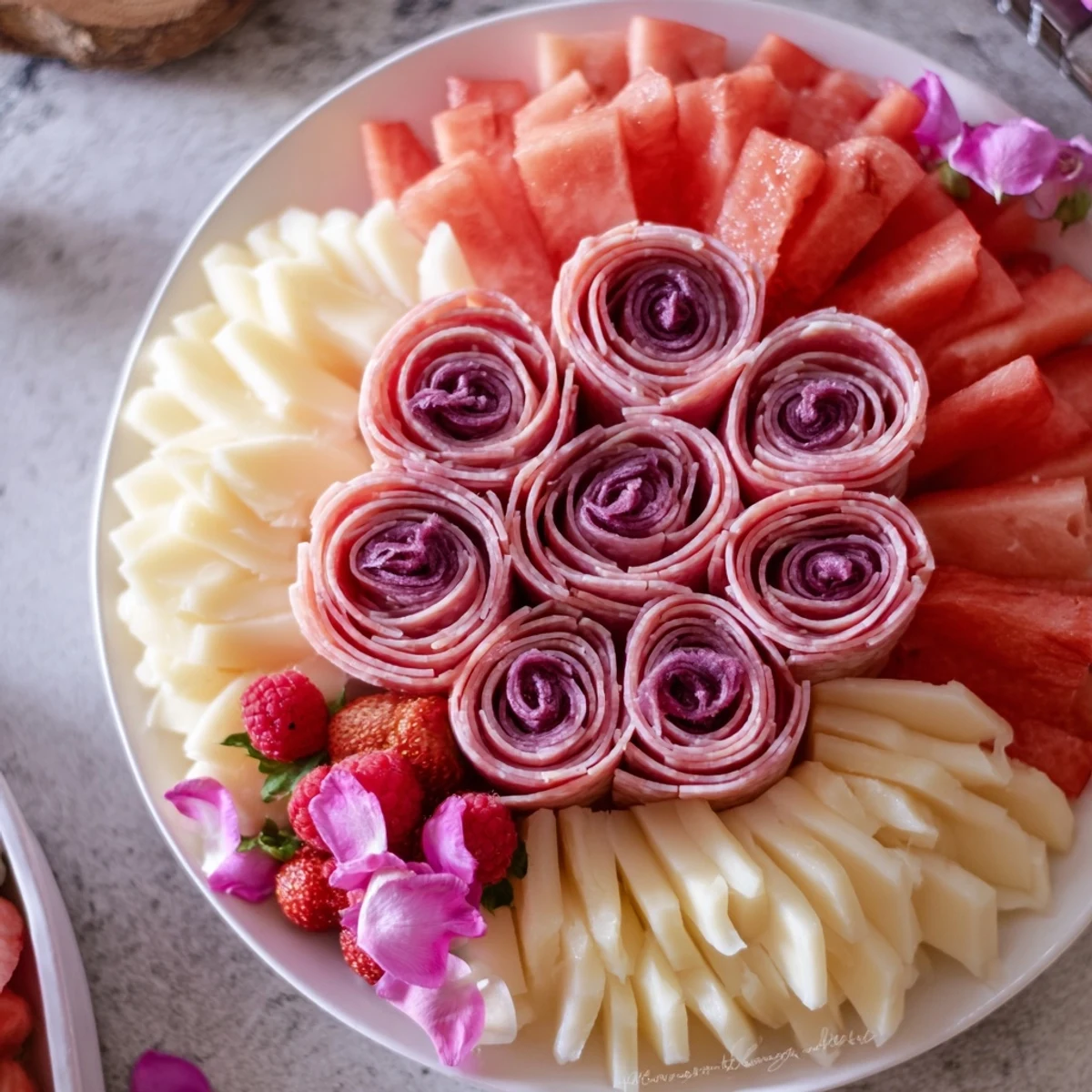 Elegant Pink Petal Watercolor Wash features colorful layers of cheeses, meats, and fruits on a serving platter.