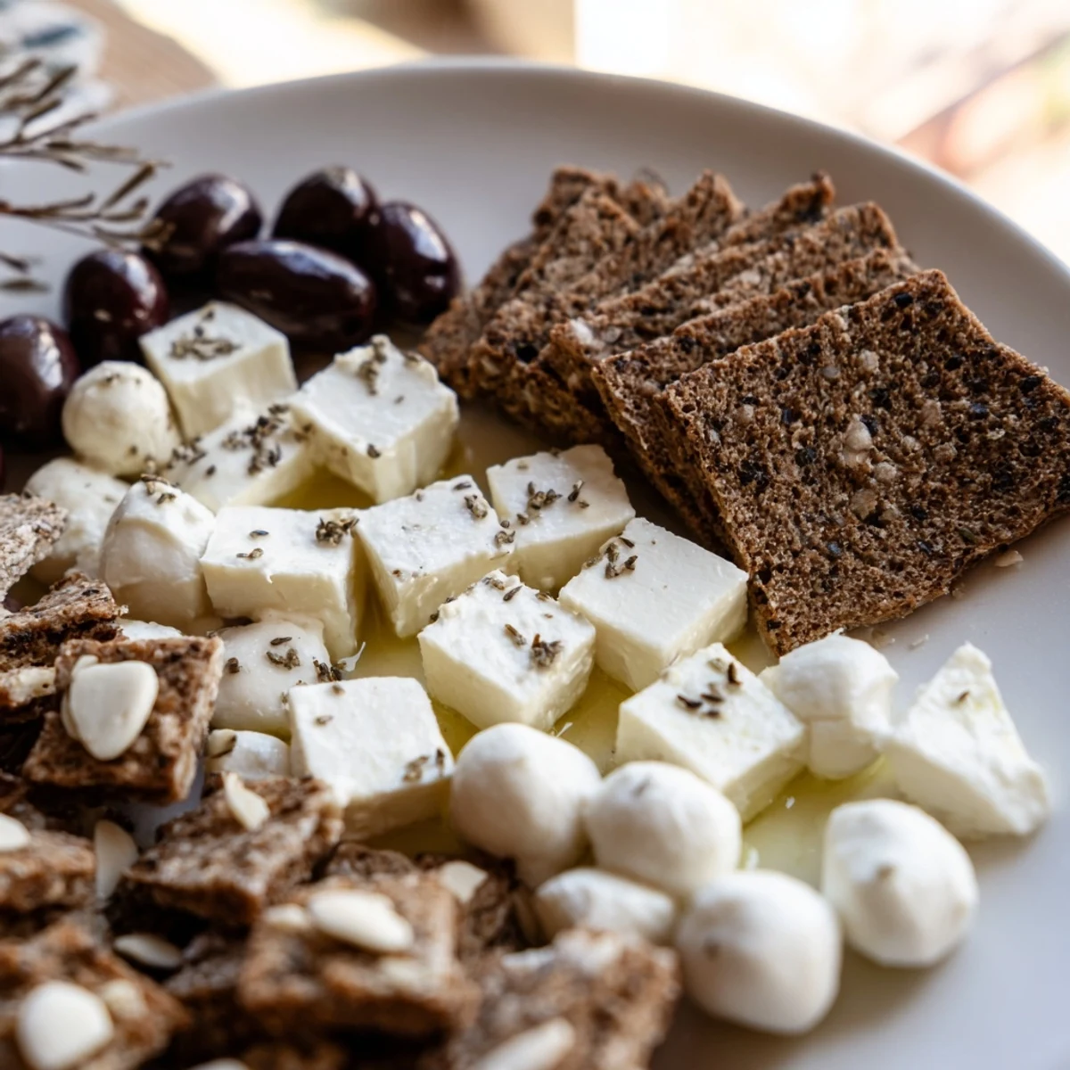 Elegant Black and White Formal Affair appetizer platter, featuring fresh mozzarella and olives, ready to serve.