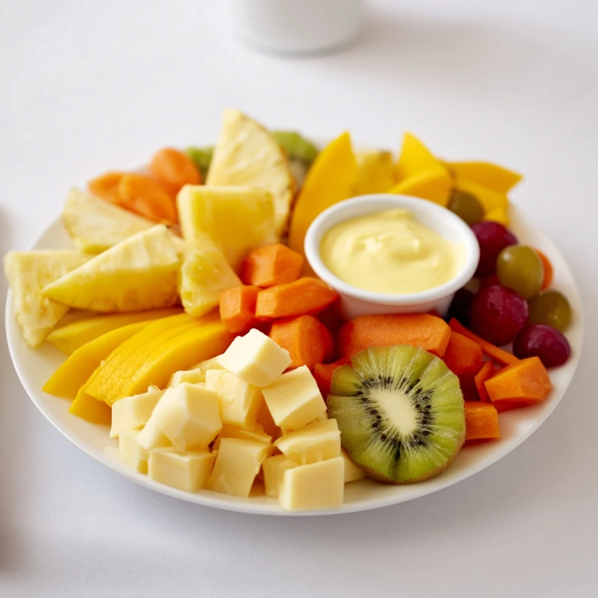 Sunny yellow citrus burst grazing board, a colorful array of fresh fruit and cheese, ready to eat.