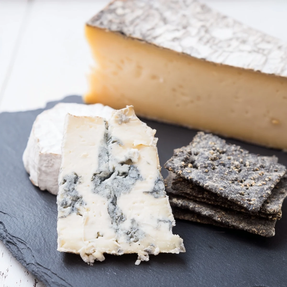 Arrangement of a monochrome gray stone cheese board with dark grapes, and slate crackers beside savory cheeses.