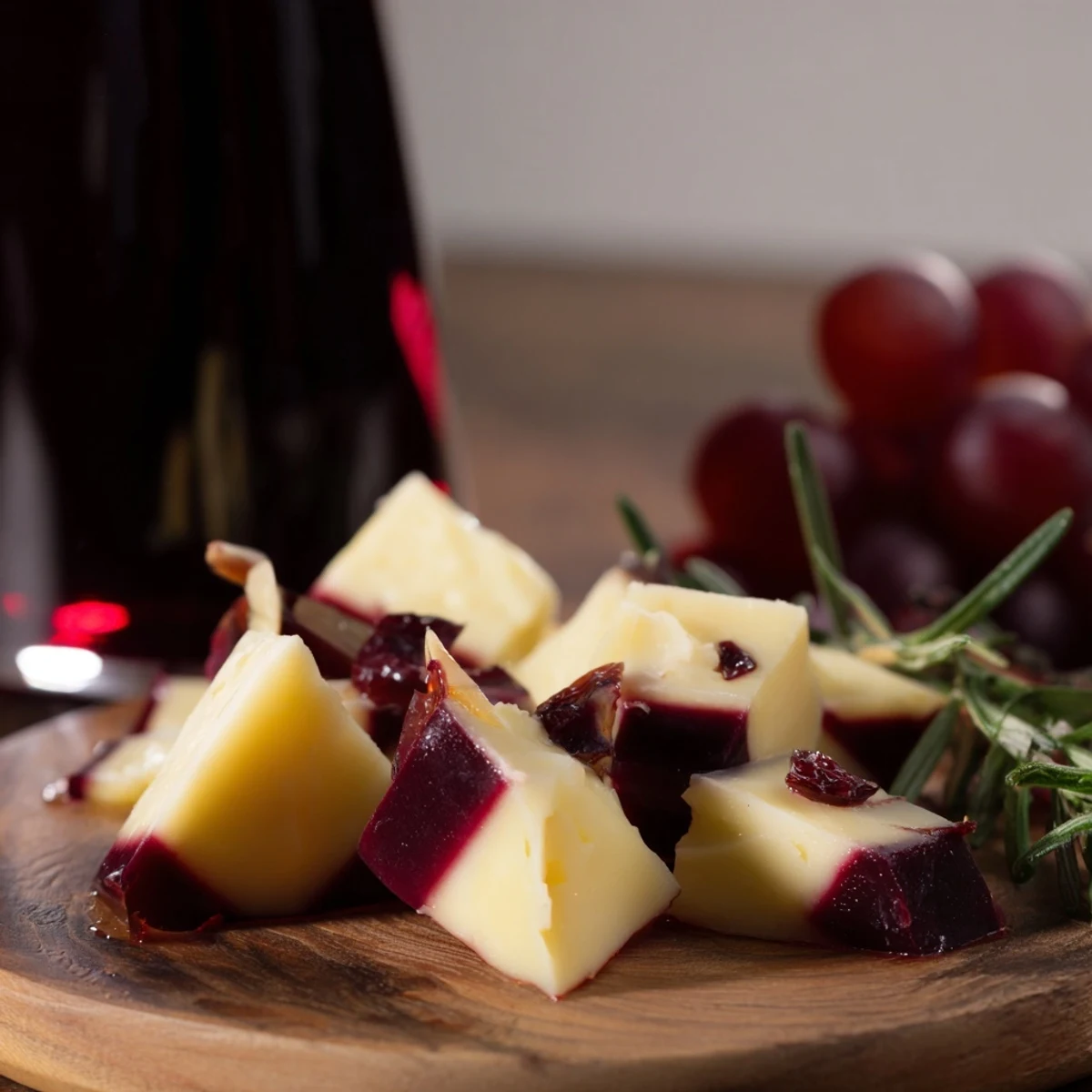 Ruby Red Wine Stain Board with vibrant cheeses, meats, and delicious red wine accompaniments.
