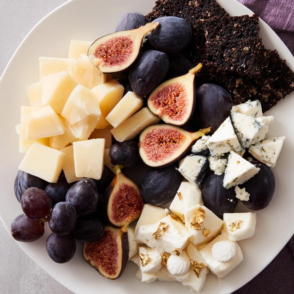 Enjoy a Deep Indigo Midnight Sky cheese board, a vegetarian delight with a gorgeous display.