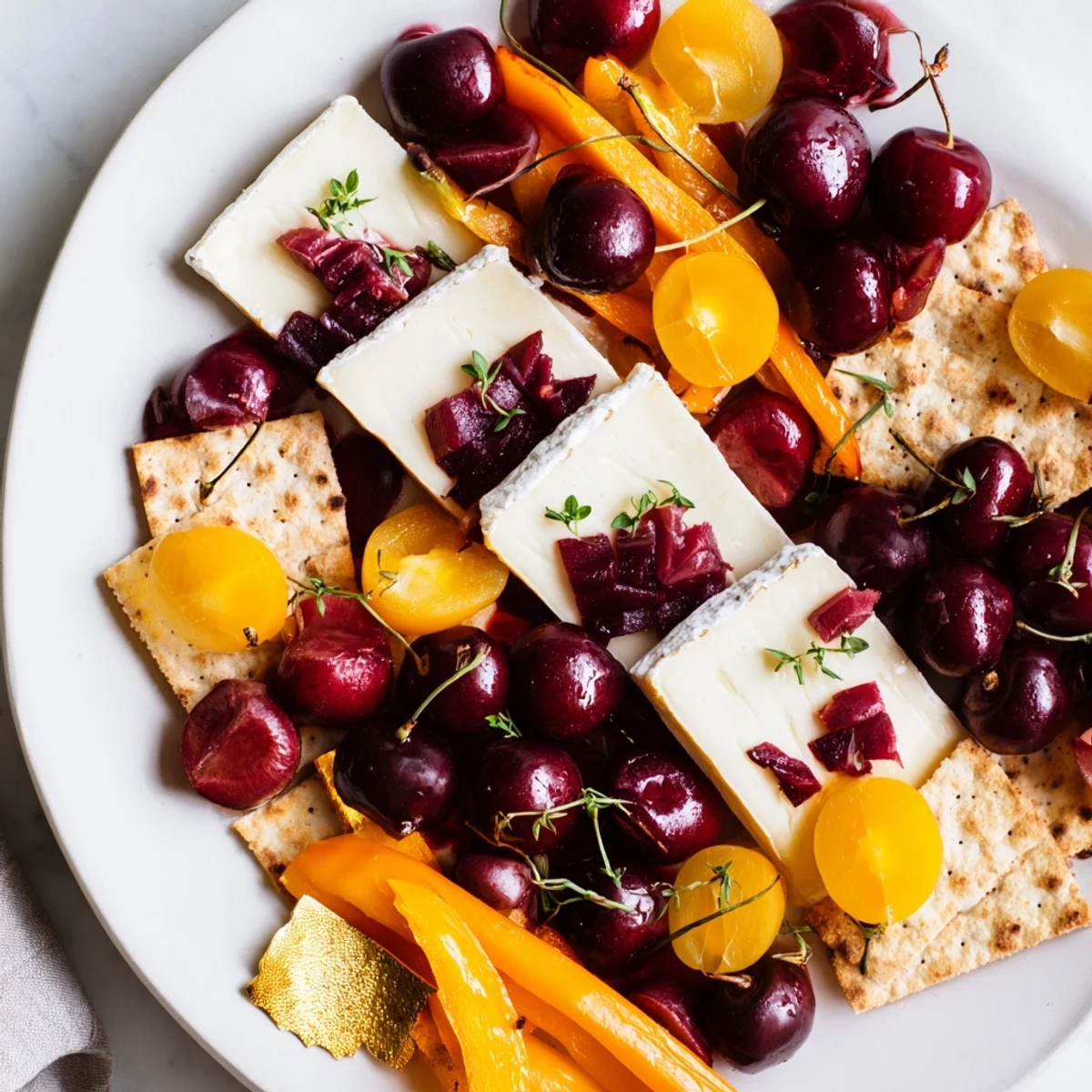 Crimson & Gold Gala platter: a beautiful pairing of ruby cherries, aged cheddar, and golden crackers, ready to serve.