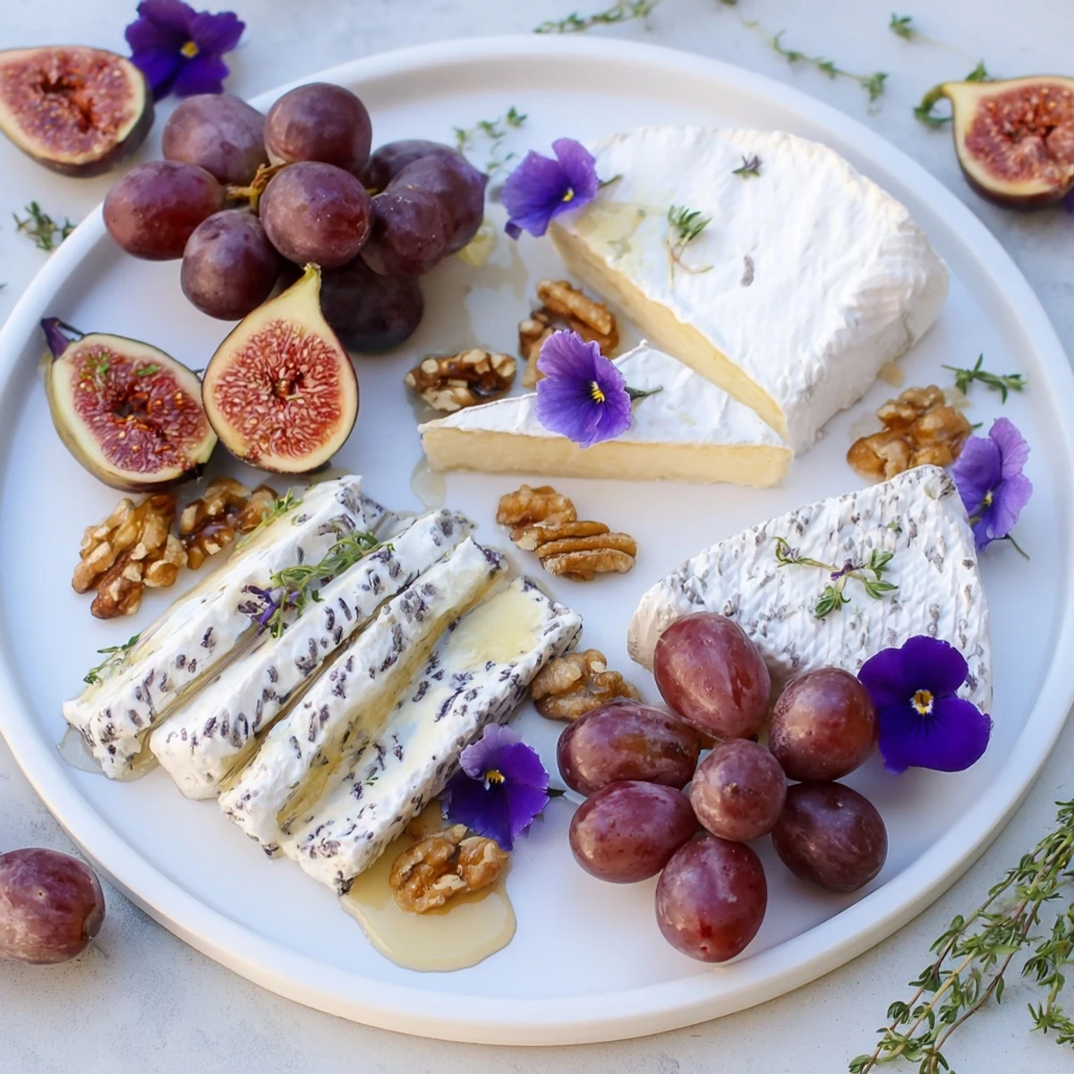 A beautifully arranged "Lavender Haze" cheese board with grapes and candied nuts, perfect for appetizers.