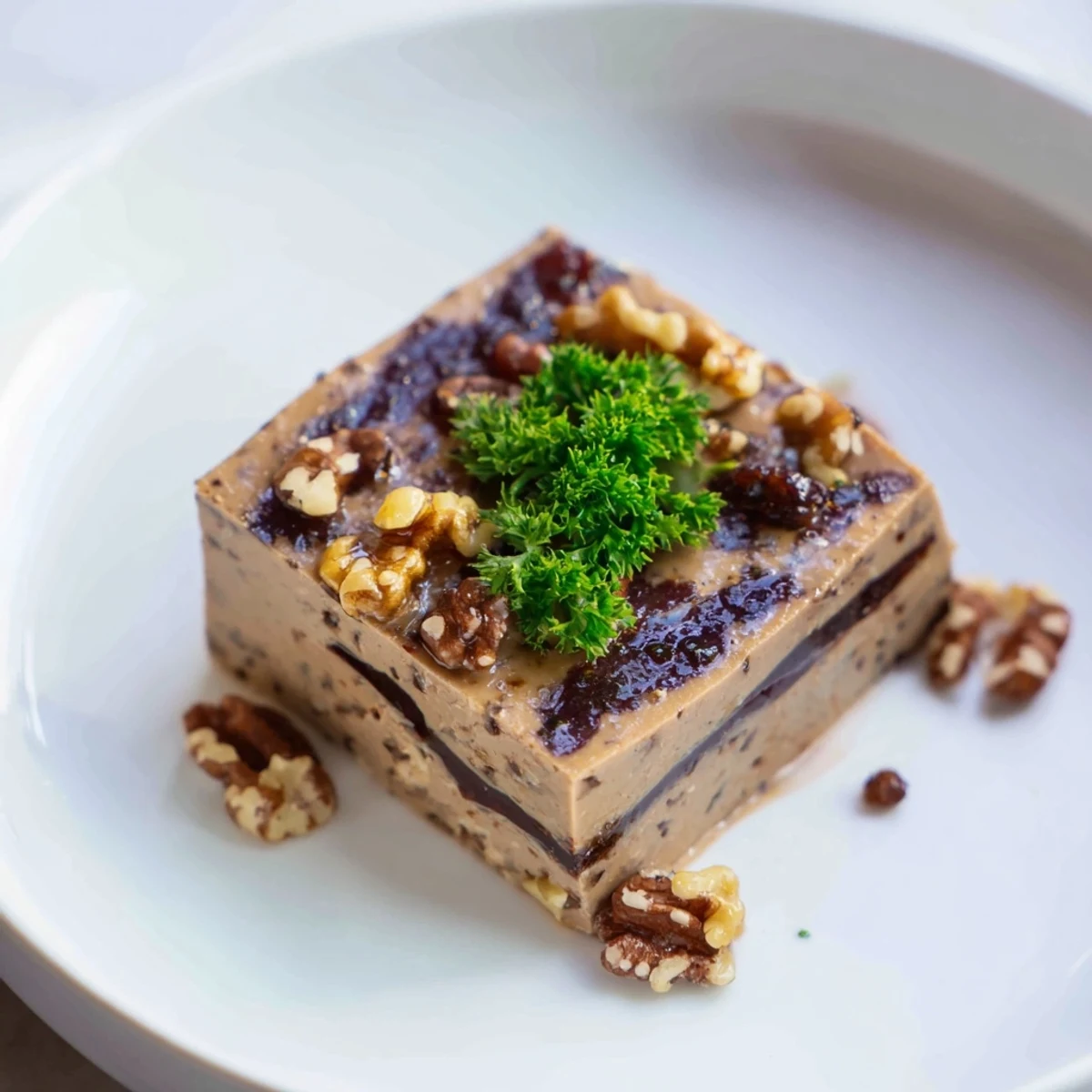 A layered Velvet Underground appetizer, creamy pâté swirled with vibrant fig and blackcurrant jam.