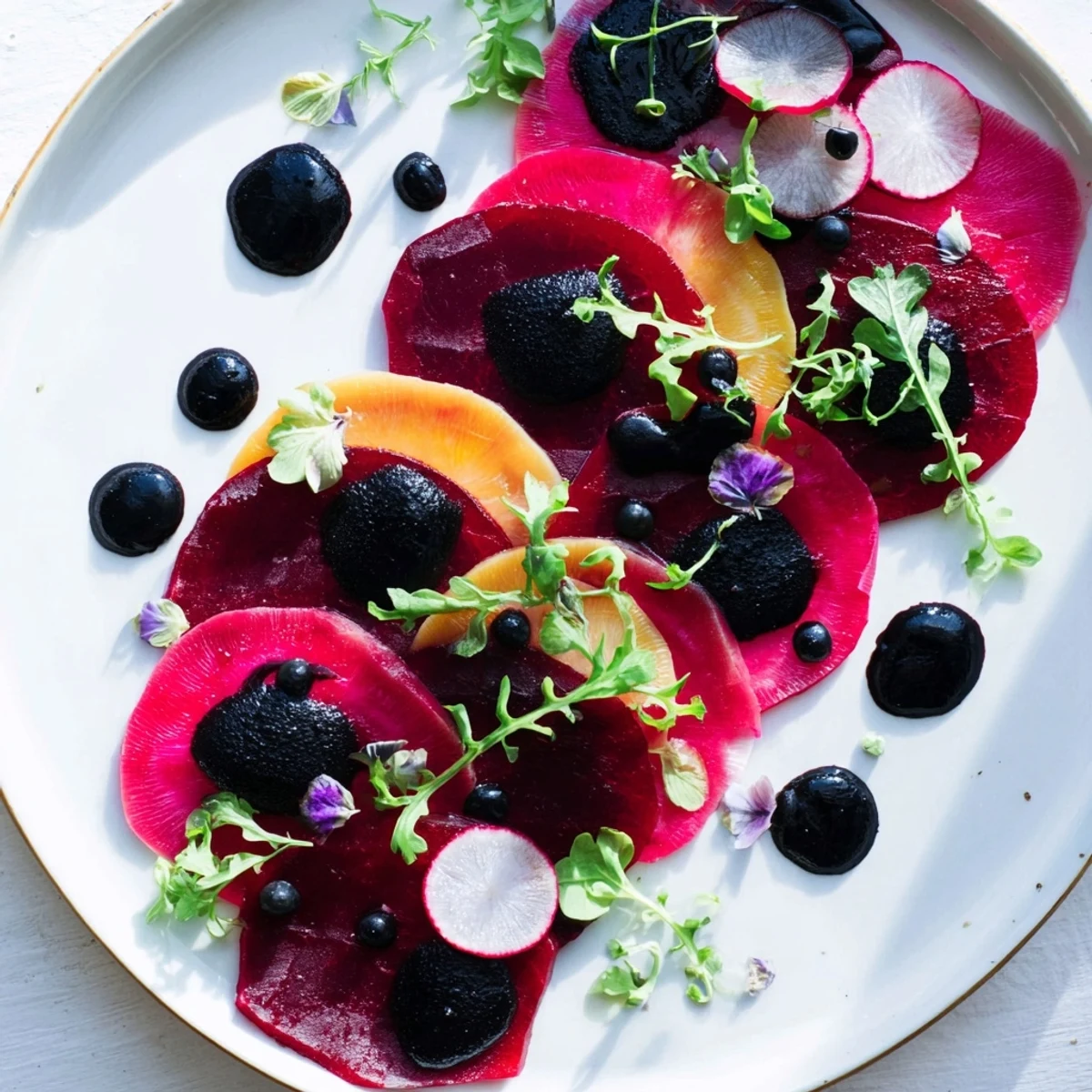 A dramatic plate of The Shadow Play appetizer features layered beets, blackberries, and olives.
