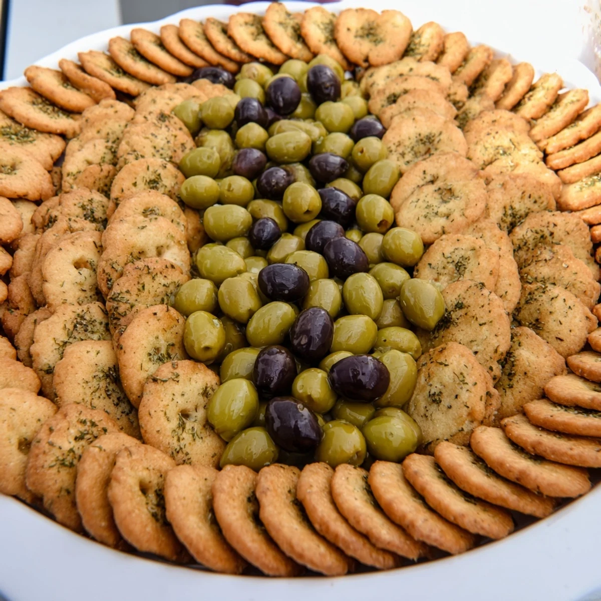 Close-up of The Roman Colosseum Snack Platter: crisp crackers circle olives like an edible arena.