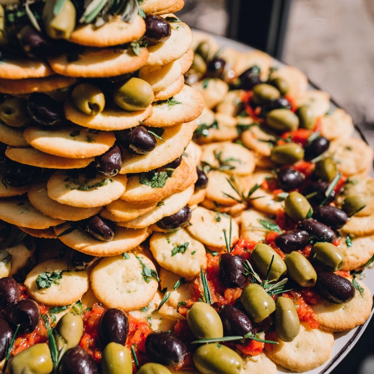 Appetizing The Roman Colosseum Snack Platter with a circular cracker Colosseum and pitted olive gladiators.