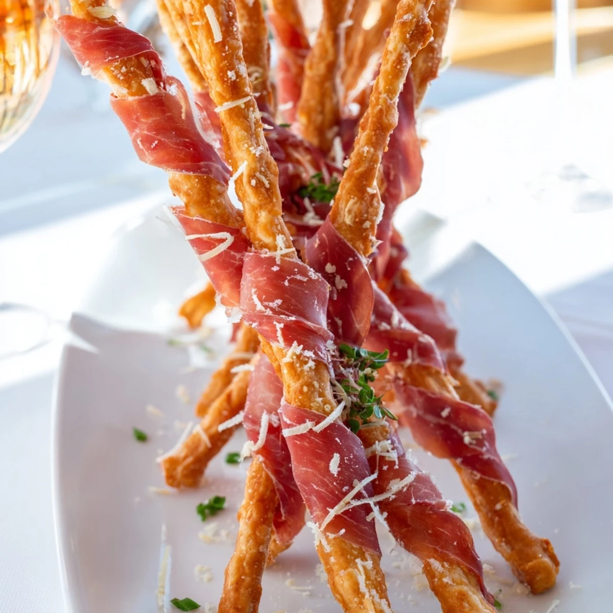Golden Gate appetizer with prosciutto draped between breadstick towers, ready to share.