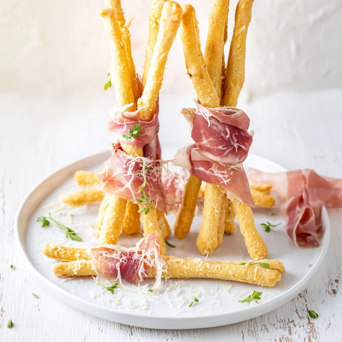 Delicious The Golden Gate appetizer: savory prosciutto ribbons with Parmesan and basil garnish.