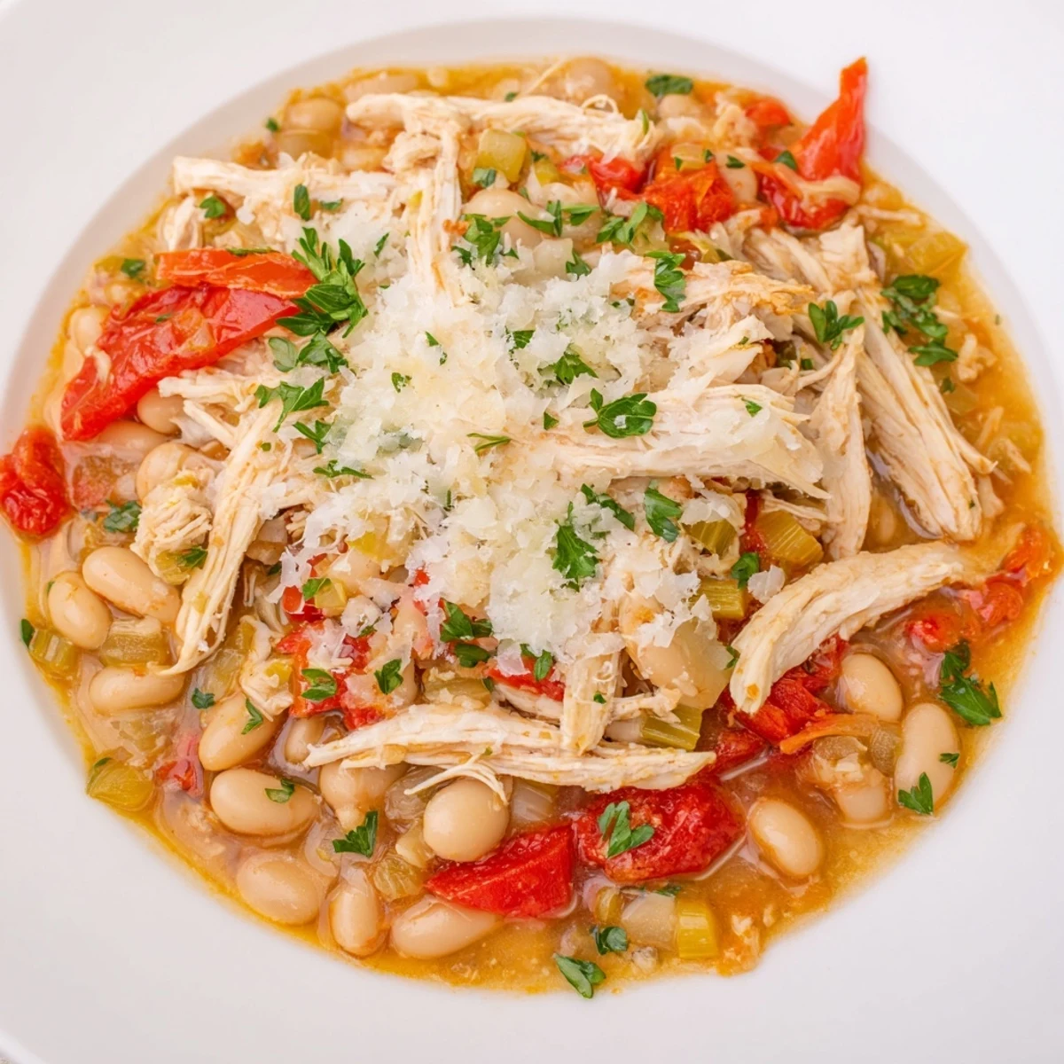 White Bean and Roasted Red Pepper Chicken simmering in a pot, a hearty stew full of vibrant colors.