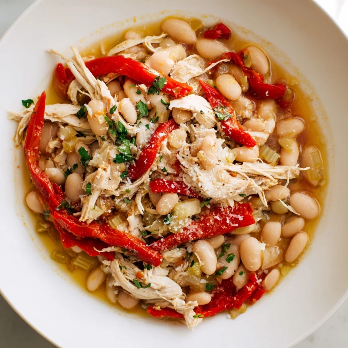 A close-up of a bowl of White Bean and Roasted Red Pepper Chicken, garnished with fresh parsley and cheese.