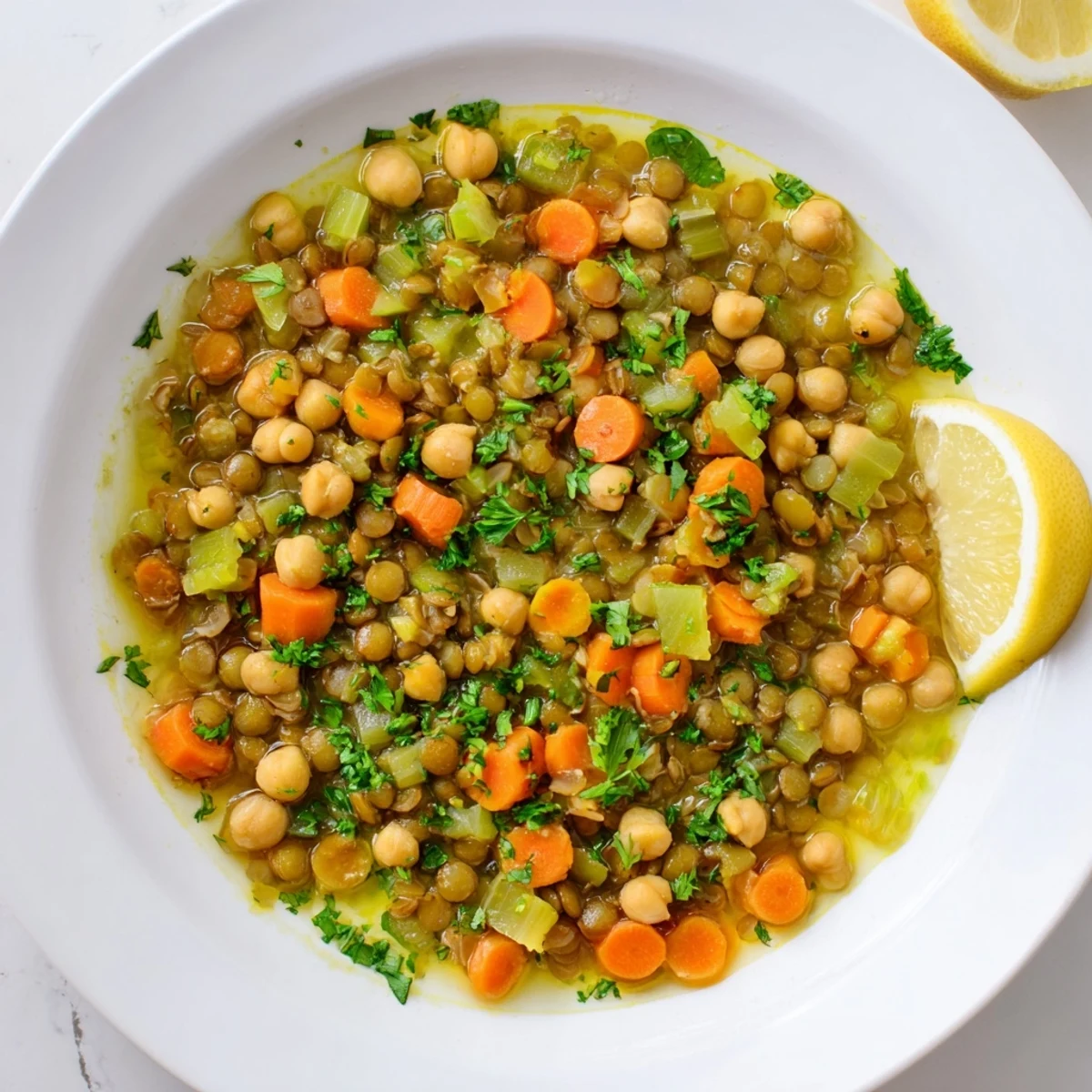 Enjoy a warm and flavorful Middle Eastern lentil and chickpea stew, perfect with a drizzle of olive oil.