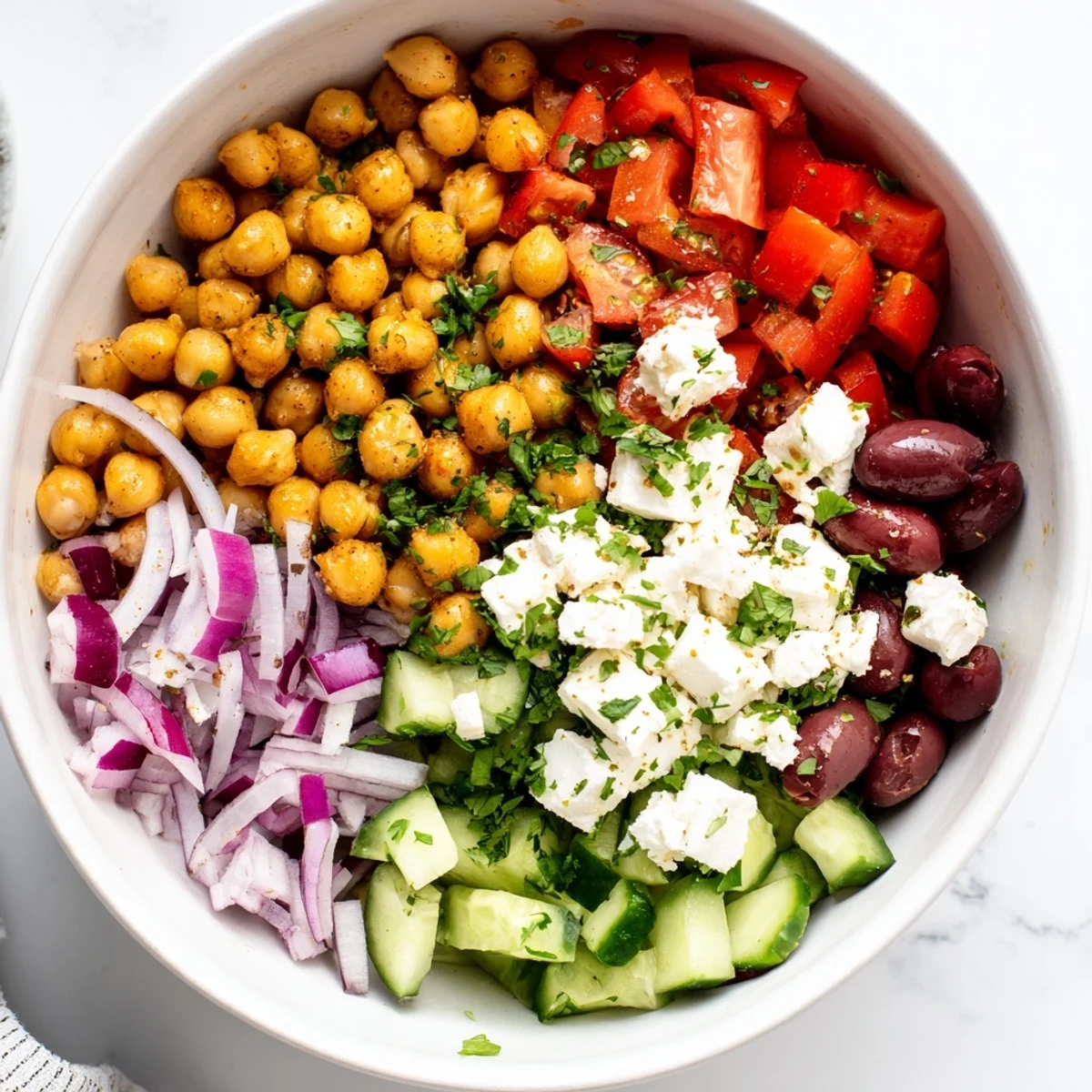 Mediterranean Chickpea and Feta Bowl, a colorful vegan meal, starring fresh vegetables and crumbled feta.