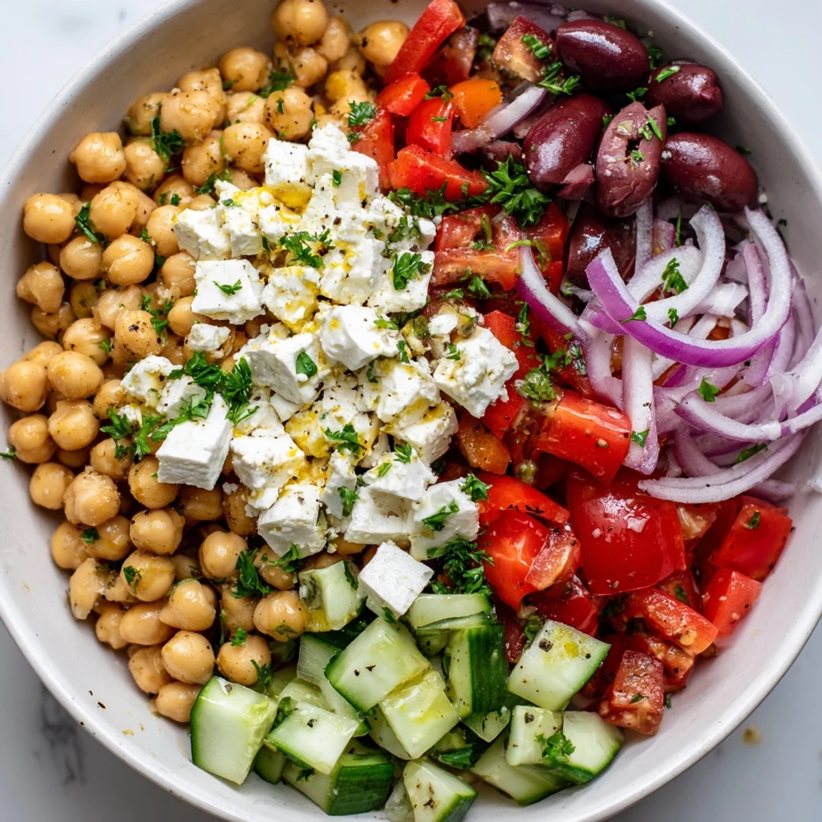 A close-up of a hearty Mediterranean Chickpea and Feta Bowl, topped with Kalamata olives and parsley.