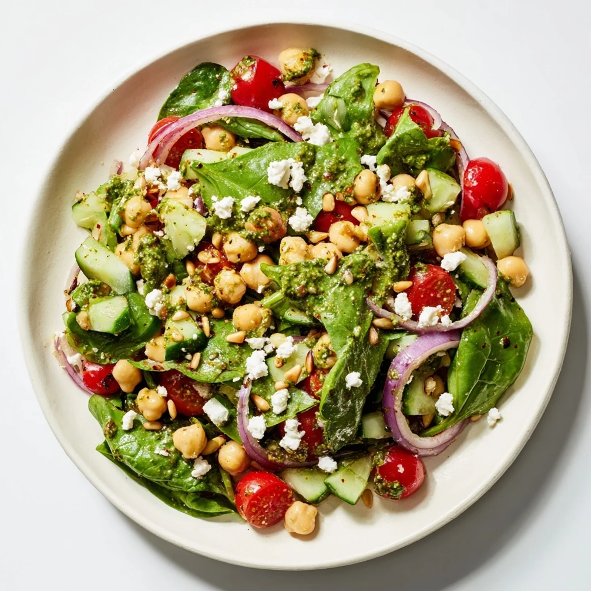 Vibrant Pesto Chickpea and Spinach Salad, a refreshing, flavorful vegetarian meal with bright colors.