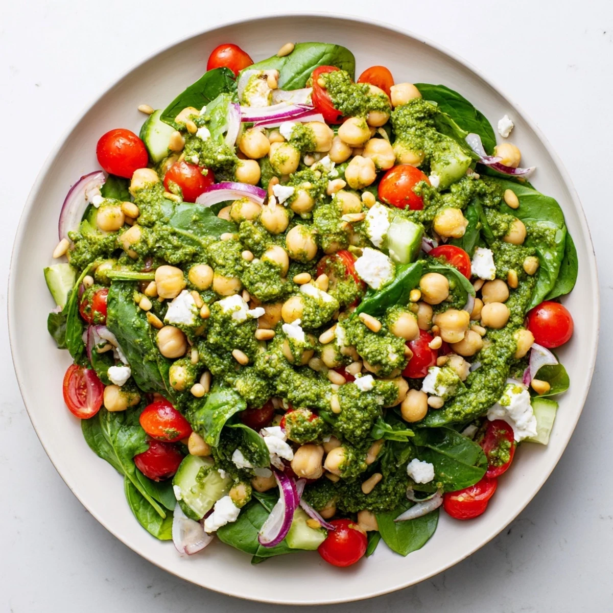 This Pesto Chickpea and Spinach Salad showcases creamy chickpeas, sweet tomatoes, and a bright pesto dressing.