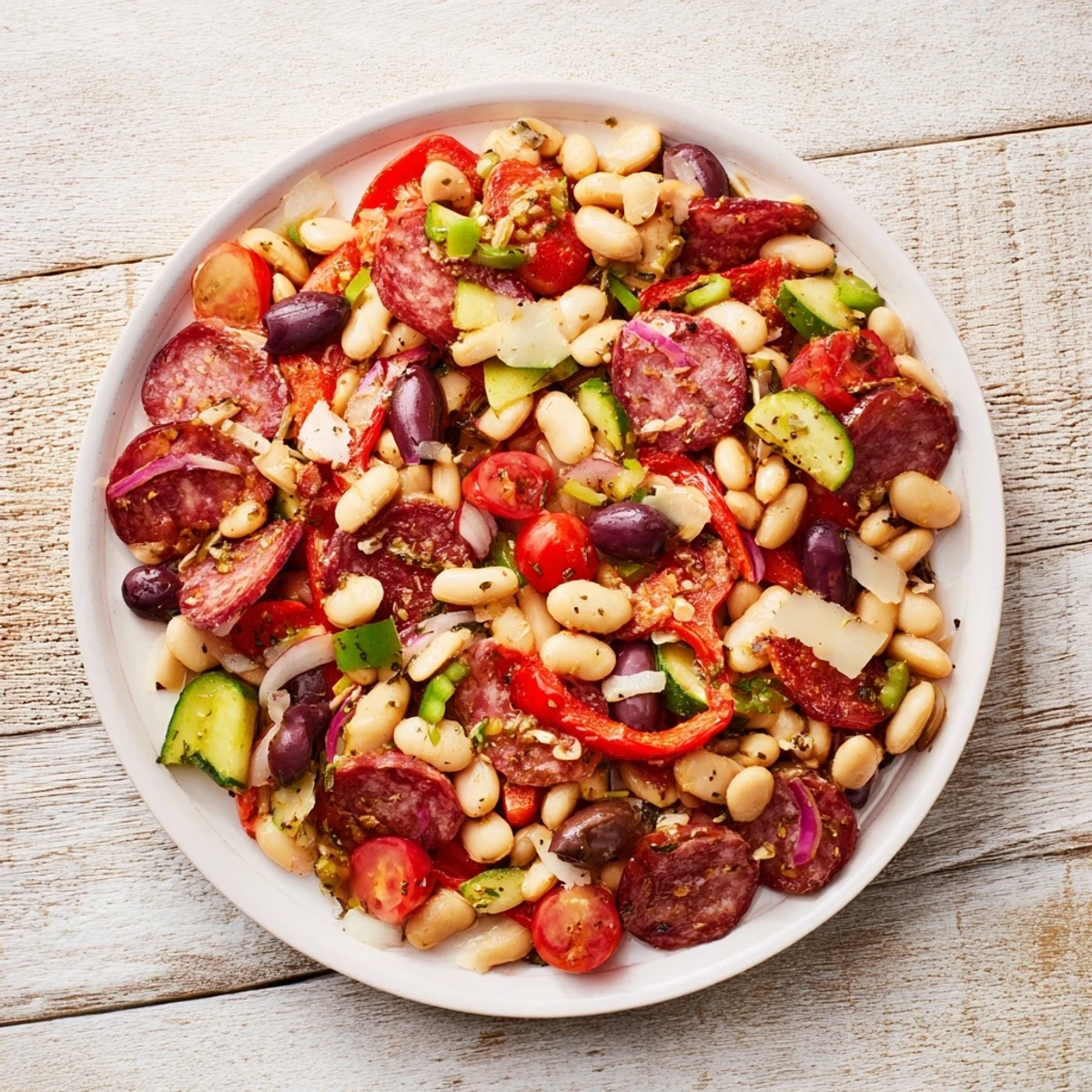Italian Antipasto Bean Salad, brimming with colorful veggies, salami, and provolone, ready to eat.