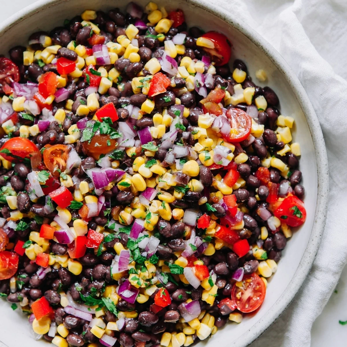 Fresh Southwestern Black Bean and Corn Salad featuring corn kernels, jalapeños, and a zesty lime dressing, a perfect side.