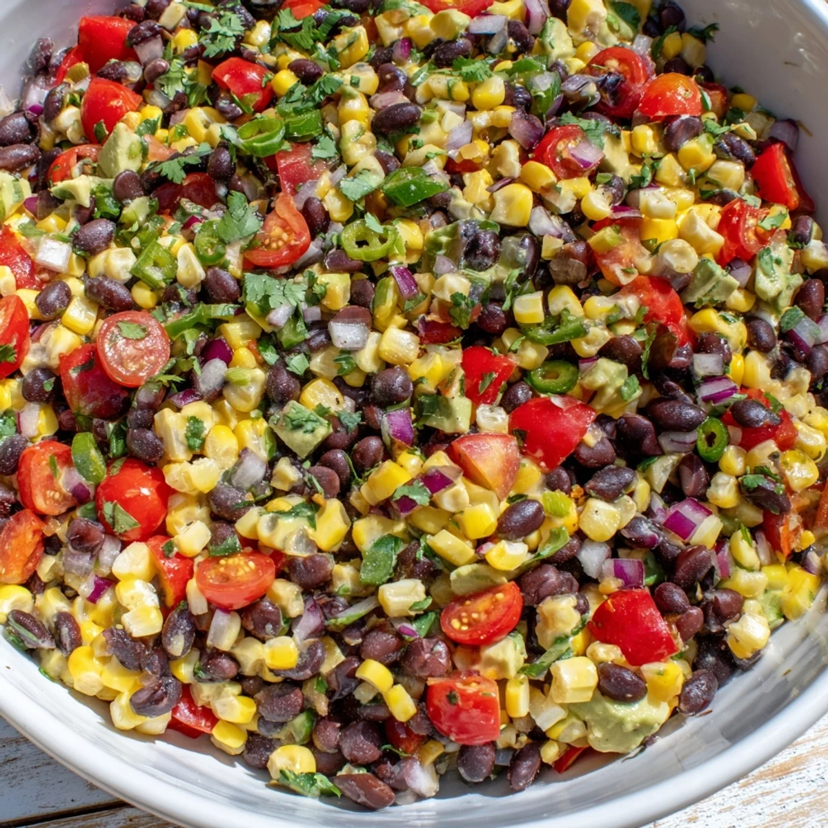 Vibrant Southwestern Black Bean and Corn Salad bursting with color, ready to serve with a creamy avocado topping.