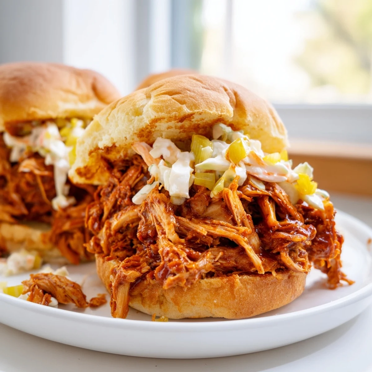 BBQ jackfruit sliders: juicy shredded jackfruit piled high on a toasted, vegan slider bun.