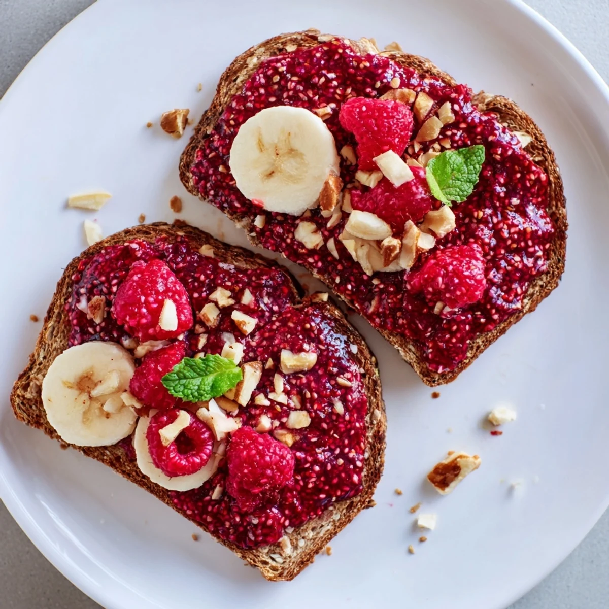 A close-up of vibrant raspberry chia jam toast, a perfect, flavorful breakfast treat.