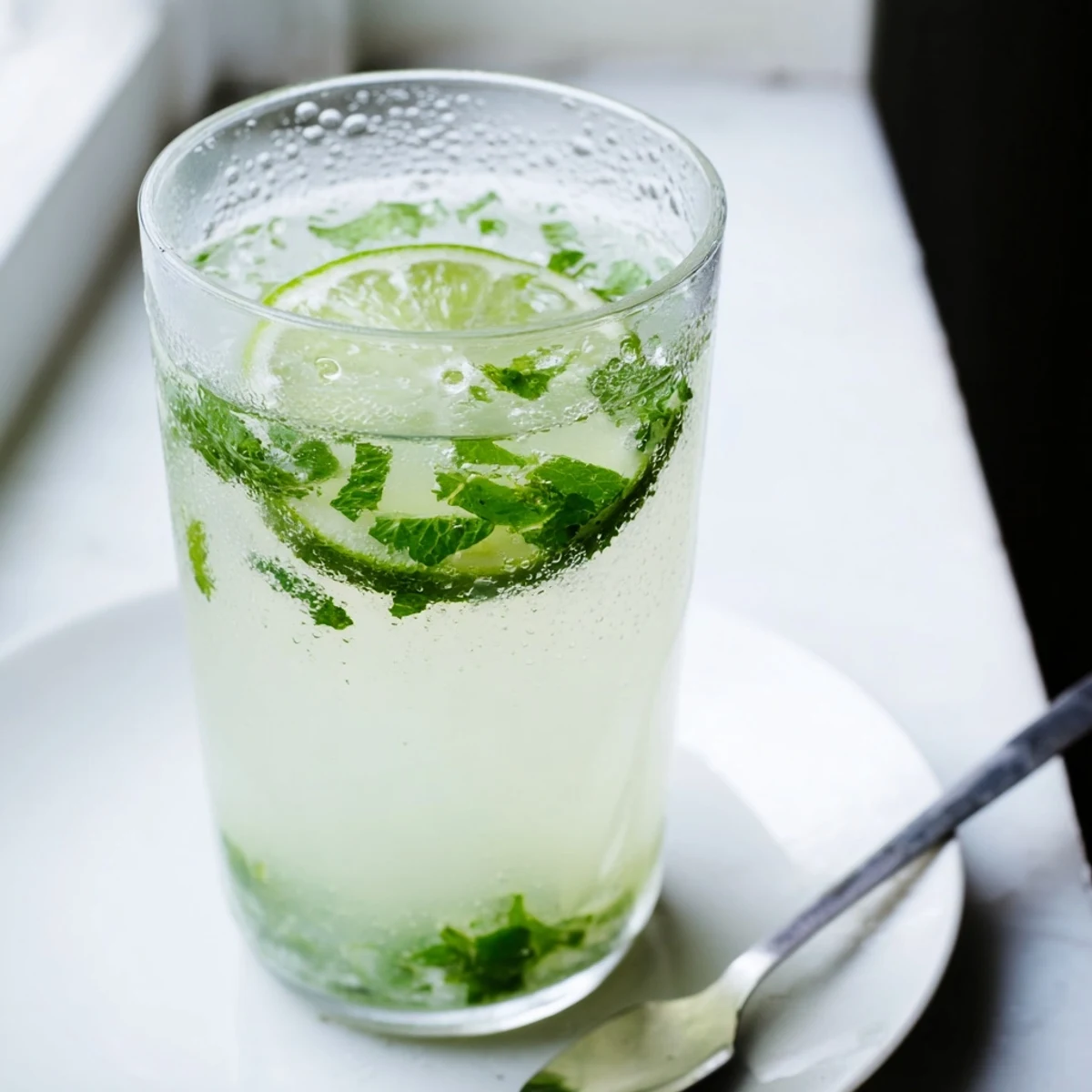 A tall glass of ice-cold Mint Lime Agua Fresca, a vibrant and zesty Mexican-inspired drink.