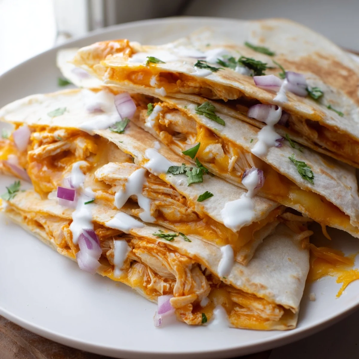 A close-up of a flavorful Buffalo Chicken Quesadilla, with melted cheese and fresh cilantro.