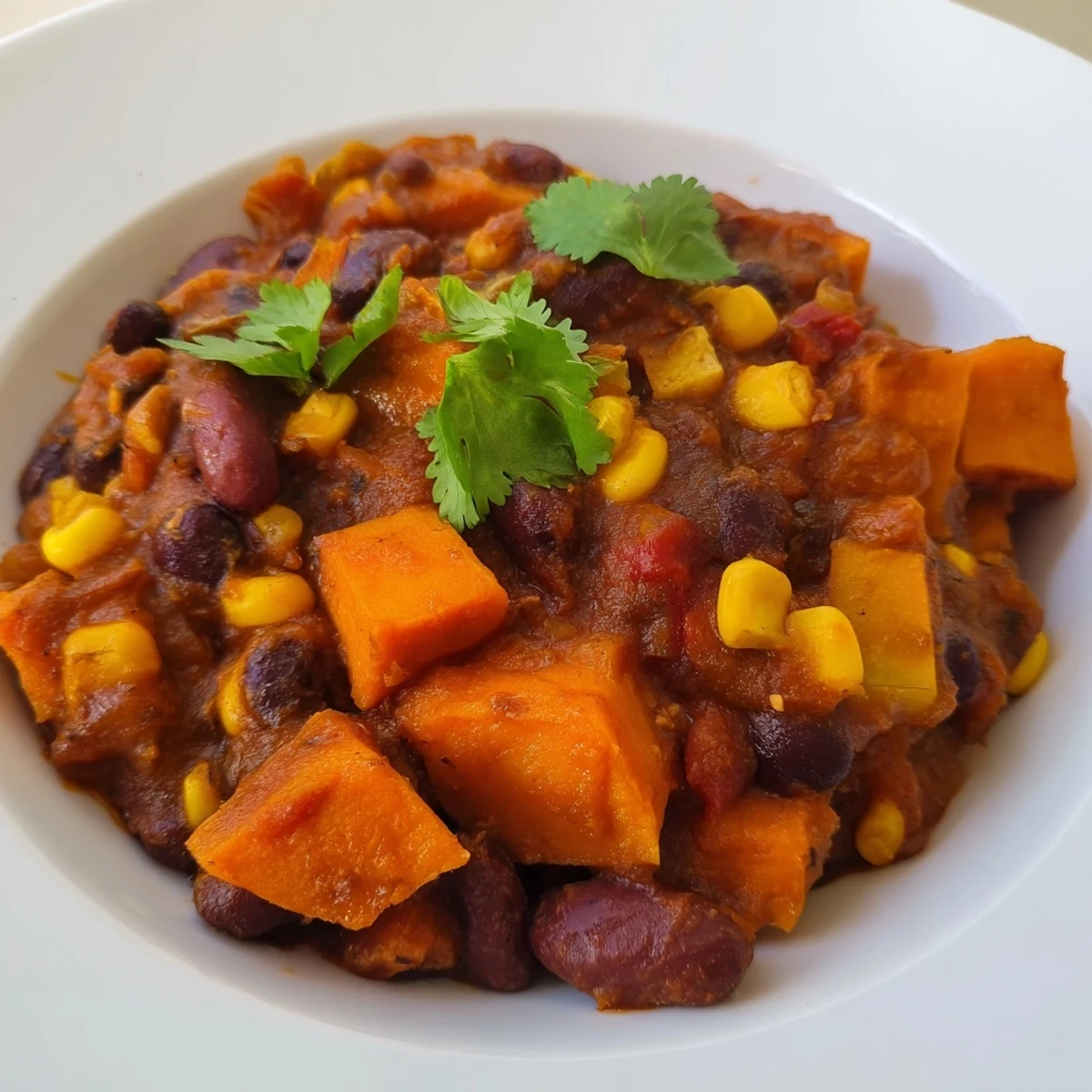 Thick and flavorful Smoky Sweet Potato Chili, perfect for a cozy evening meal with crusty bread.