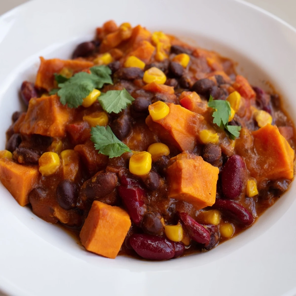 Steaming bowl of Smoky Sweet Potato Chili, brimming with beans and vibrant vegetables.