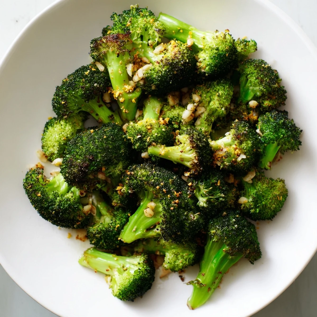 Golden-brown Lemon Garlic Roasted Broccoli glistens after roasting, ready to serve as a flavorful side.
