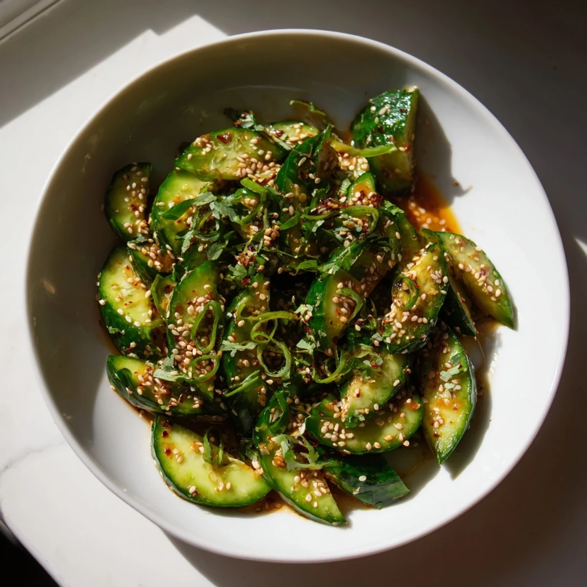 Refreshing Zesty Shake Cucumber Salad, a vegan delight with vibrant cucumbers and savory sauce.