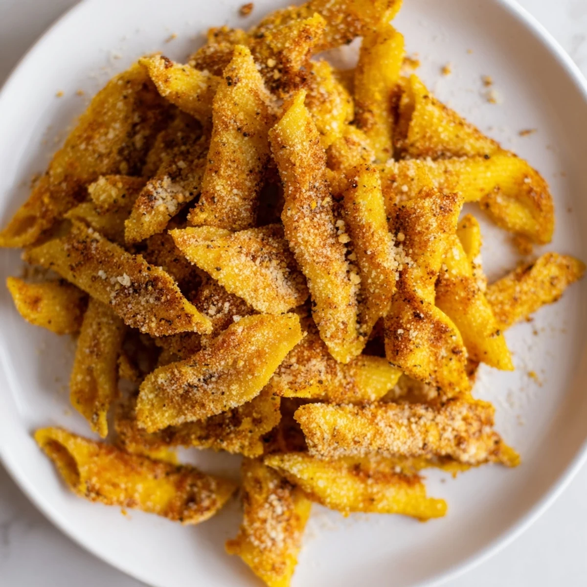 Golden, crunchy Parmesan pasta chips, perfectly air-fried Italian snack, ready for dipping in marinara.