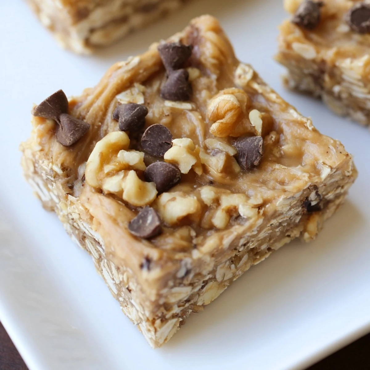 Golden, no-bake peanut butter banana oat bars, a wholesome snack, ready to grab.
