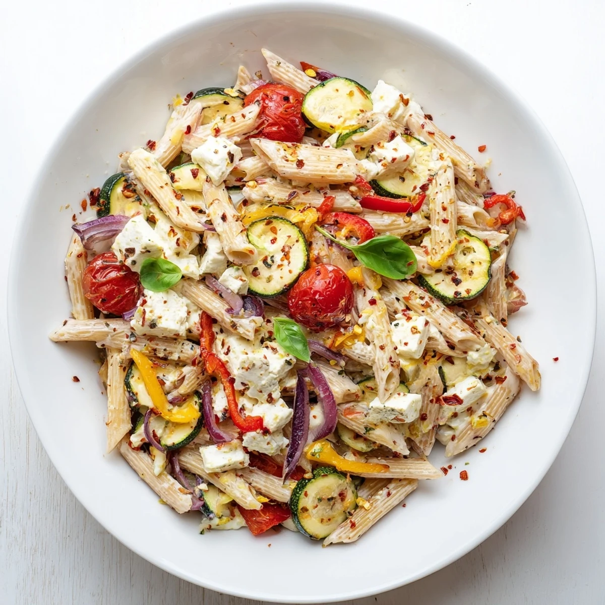 Creamy baked feta pasta with roasted vegetables, a healthy vegetarian delight ready to eat.