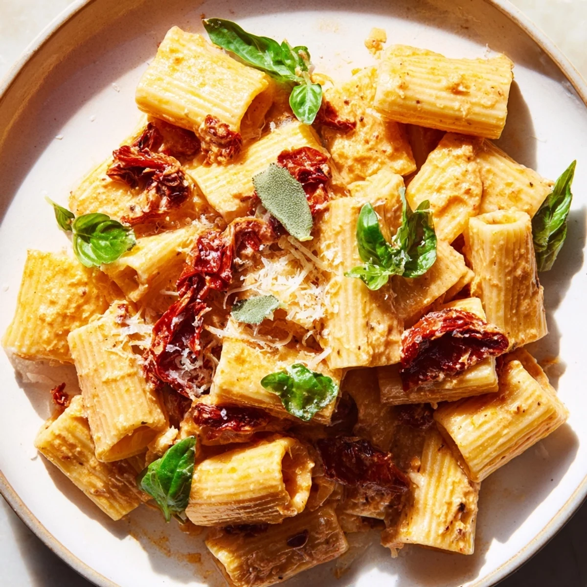 A steaming bowl of creamy sun-dried tomato pasta, garnished with fresh basil and Parmesan.