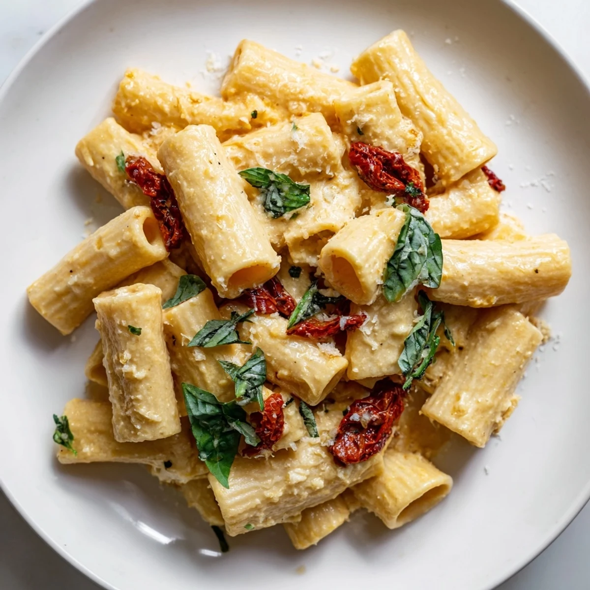 Vibrant photo of creamy sun-dried tomato pasta showcasing the richness of the tomato sauce and cheese.