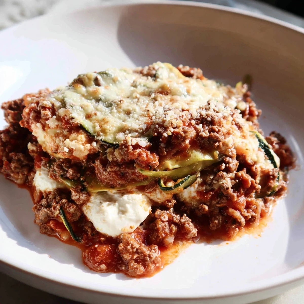 This image shows a beautifully layered zucchini lasagna skillet, ready for a comforting weeknight meal.