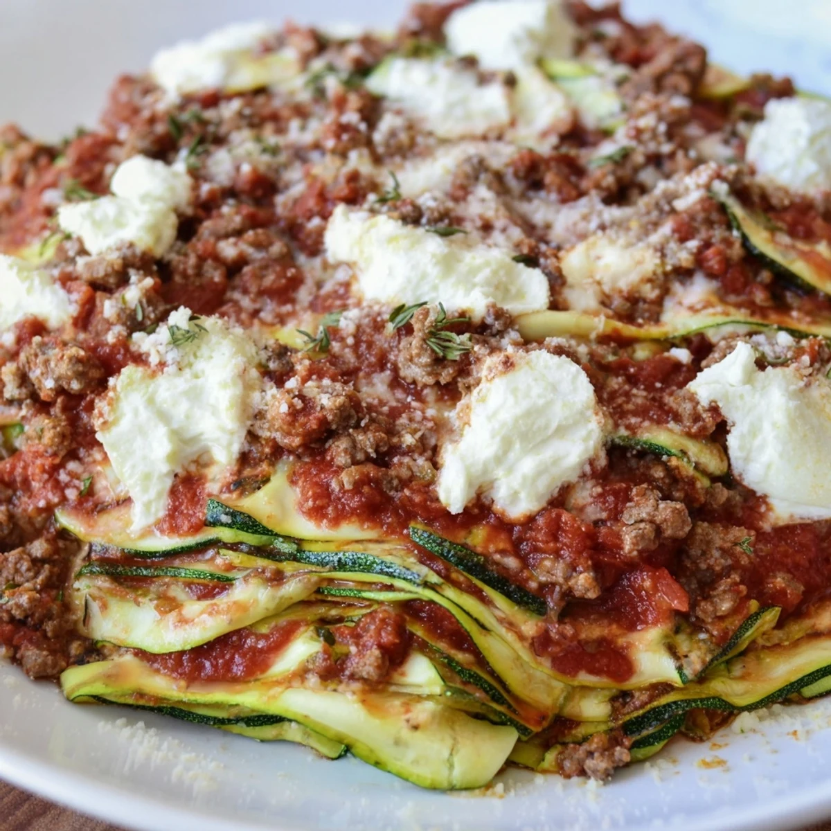 A flavorful zucchini lasagna skillet with golden, bubbly cheese, perfect for a gluten-free dinner.