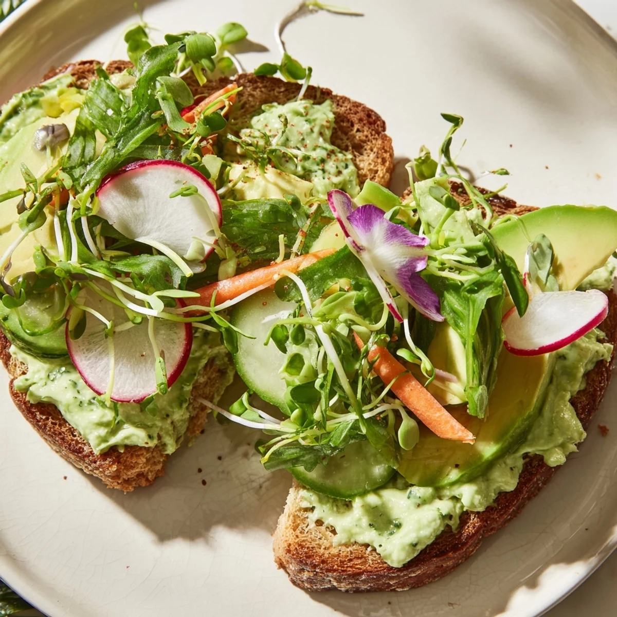 A close-up of a vibrantly layered Green Goddess Sandwich with fresh, crunchy vegetables.