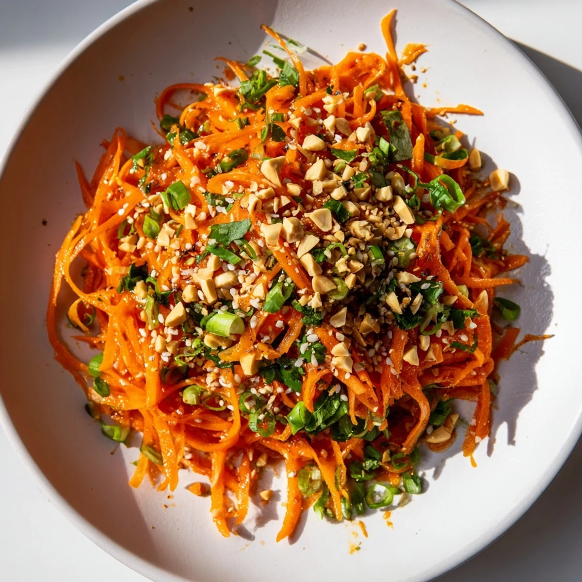 Vibrant photo: Spicy Carrot Salad glistening in a tangy dressing, ready to enjoy with a fresh crunch.