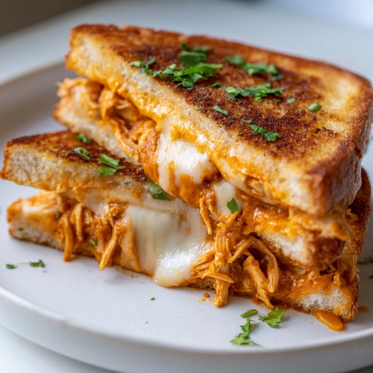 Golden, grilled Savory Butter Chicken Grilled Cheese with melted cheese oozing out, so delicious!